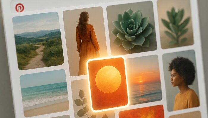 Pinterest interface with glowing promoted pins amid organic content in feeds and search results.