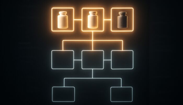 Hierarchical glowing tree of ad campaigns with shining high-performing supplement ads and dim paused branches