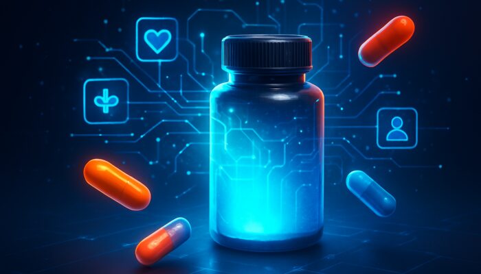 Futuristic supplement bottle fusing with glowing app icons in sleek cyber-health landscape.