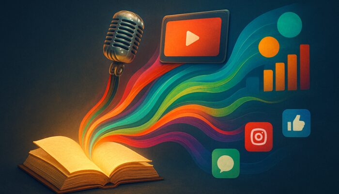 Surreal digital collage of glowing book morphing into microphone, video screen, and infographic flowing to social platforms.