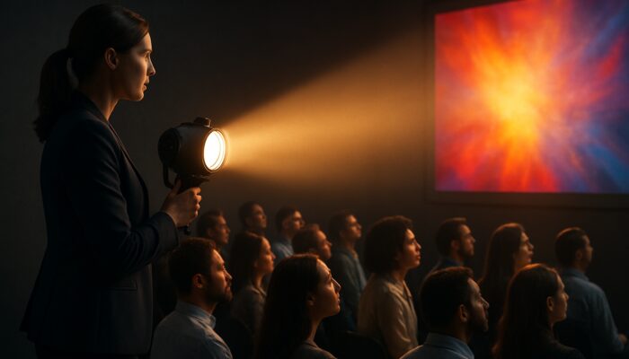 Marketer spotlighting diverse audience watching video screen for targeted content promotion