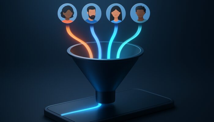 Sleek tech illustration of digital customer journey funnel for hosting services with channel entries and drop-off points.