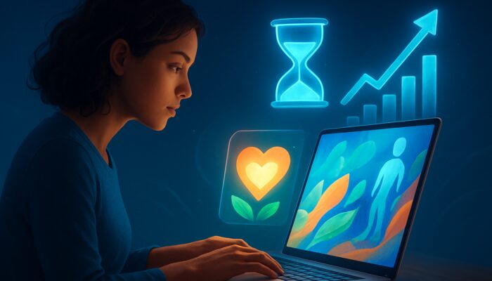 Engrossed reader views health blog on laptop with glowing hourglass and rising SEO charts.