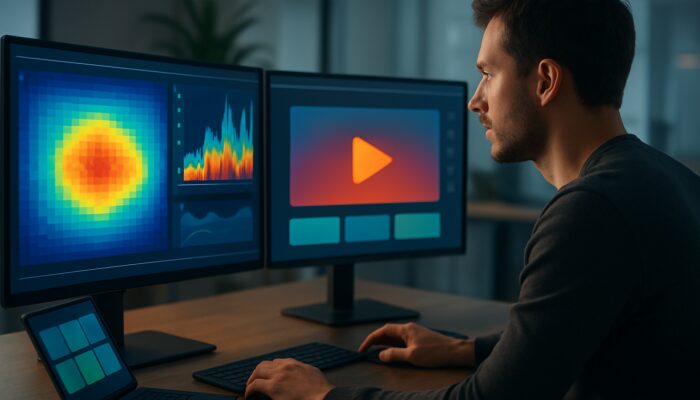 Data analyst reviewing heatmaps and SEO graphs on screens in digital office