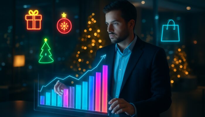 Marketer analyzes holographic holiday sales charts with Christmas decor and Black Friday icons in futuristic office