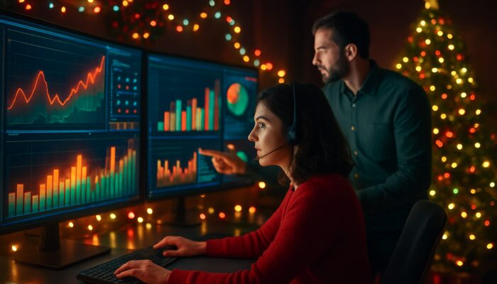 Marketers reallocating holiday budgets in a vibrant control room with glowing real-time sales dashboards and festive lights.