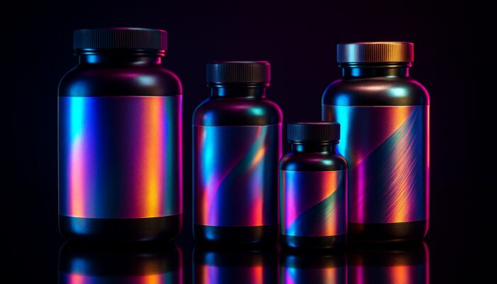 Vibrant supplement bottles with holographic labels and neon lights on black background