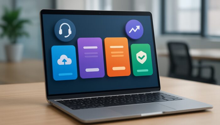 Laptop showing web hosting catalog with icons for support, scalability, uptime, security and pricing plans.