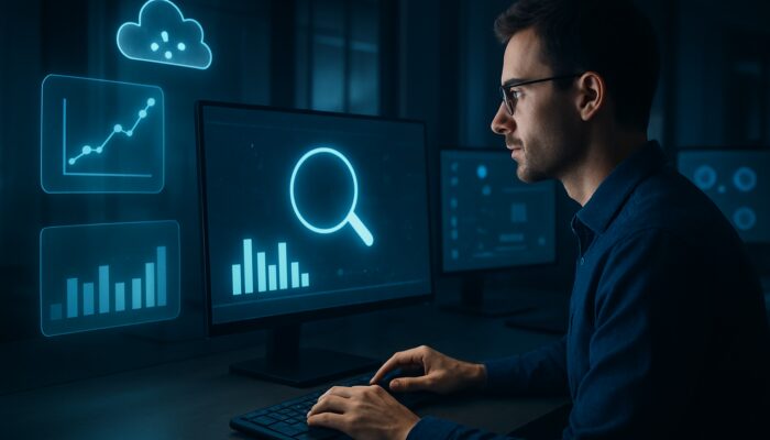 SEO analyst reviewing keyword data, charts, and SEMrush tools on multiple screens in cyber office.