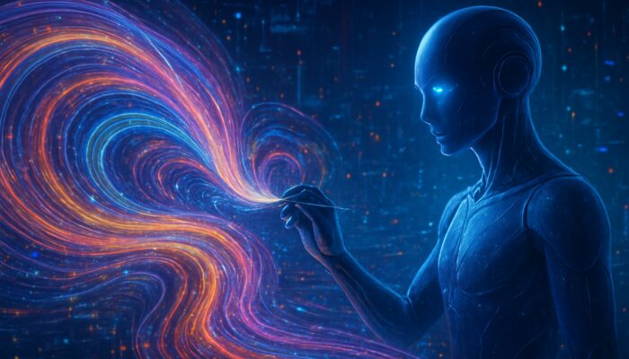 Futuristic AI sculpting swirling data streams into narrative insights for marketing, journalism, and finance in neon realm.