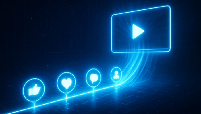 Glowing digital timeline with pulsing social icons fueling rising video engagement and visibility
