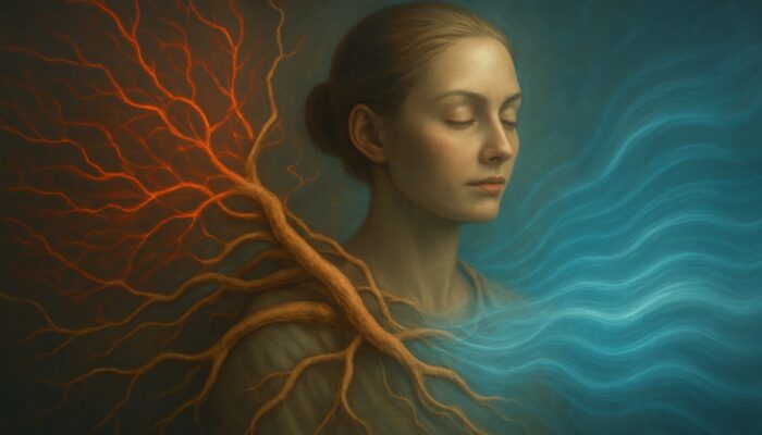 Serene figure with ashwagandha roots entwining neural pathways, transforming red stress into blue calm waves.