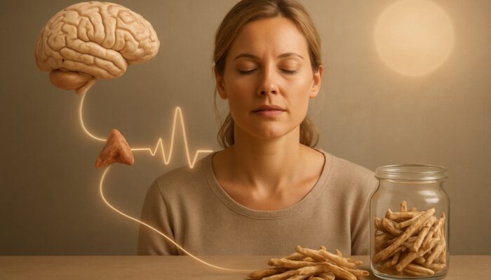 Ashwagandha capsules balancing cortisol levels to support stress relief and calm.