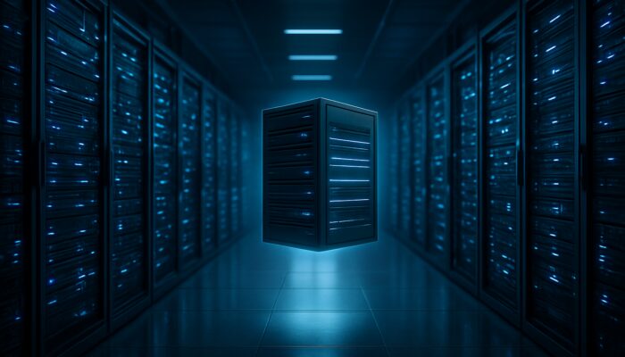 Floating virtual servers glowing amid shared racks and dedicated towers in a cybernetic data center