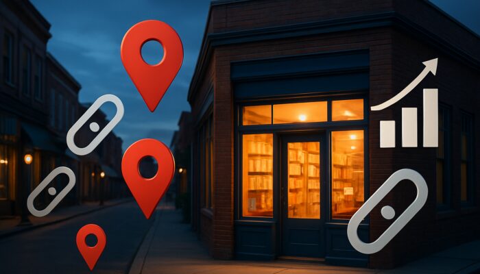 Small-town main street with glowing storefront, Google Maps pins, citation links, and rising SEO charts.