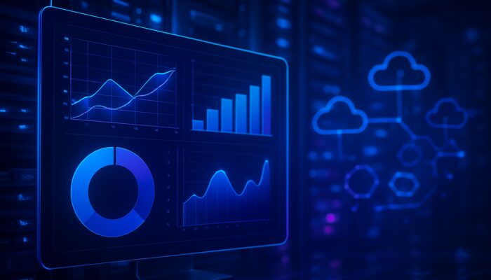 Futuristic Google Analytics dashboard with vibrant charts on server racks for hosting insights