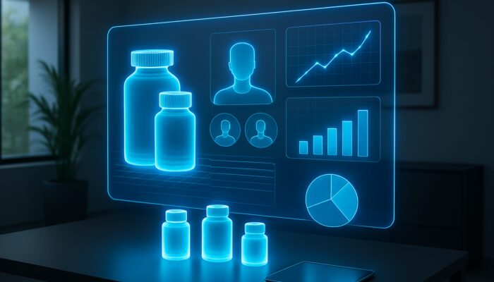 Holographic CRM dashboard with glowing supplement bottles, inventory charts, and loyalty graphs in modern office.