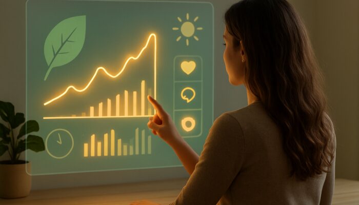 Content creator reviewing glowing analytics dashboard with engagement graphs on sustainable living blog interface.