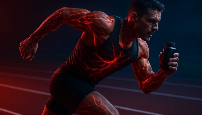 Athlete sprinting on track clutching nitric oxide supplement for peak performance and blood flow