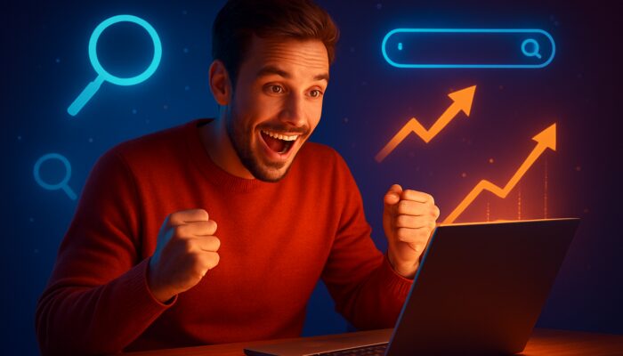 Vibrant YouTube thumbnail with excited creator on laptop, bold SEO text, and rising engagement metrics