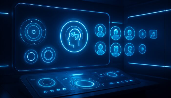Futuristic control room with holographic AI dashboards, glowing dials, and audience icons in blue neon.