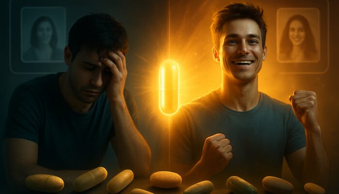 Glowing person transforms from fatigued to energetic with supplements in sleek digital health interface