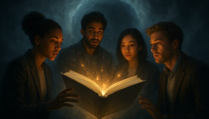 Dramatic open report glowing with star-like key findings, drawing diverse readers through misty portal.